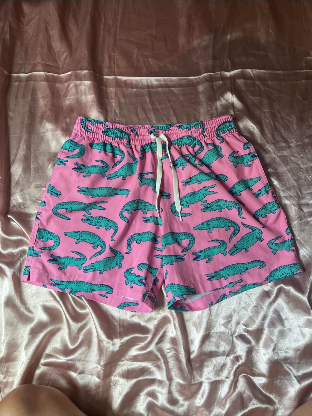 chubbies Pink Swim Trunks with Teal Alligator Print
